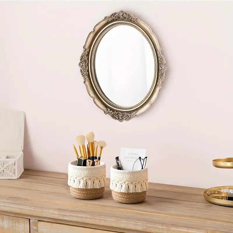 Khaki Boho Cotton Rope Tassel Storage Baskets – Set of 2 Round Woven Organizers for Makeup Brushes & Desktop Essentials (12cm Diameter)