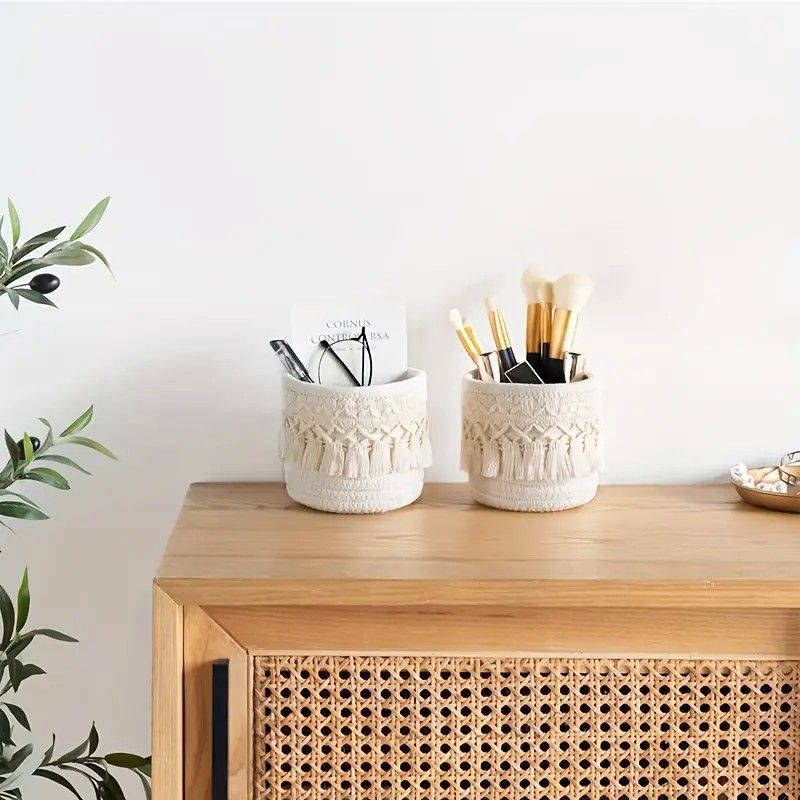 Beige Boho Cotton Rope Tassel Storage Baskets – Set of 2 Round Woven Organizers for Makeup Brushes & Desktop Essentials (12cm Diameter)