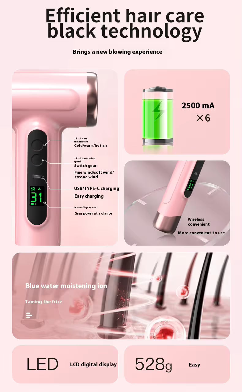 Gray wireless Hair Dryer with Cold & Hot Air, Portable Large-Capacity Rechargeable Ionic Dryer, Fast-Drying, Lightweight and Compact for Home and Travel