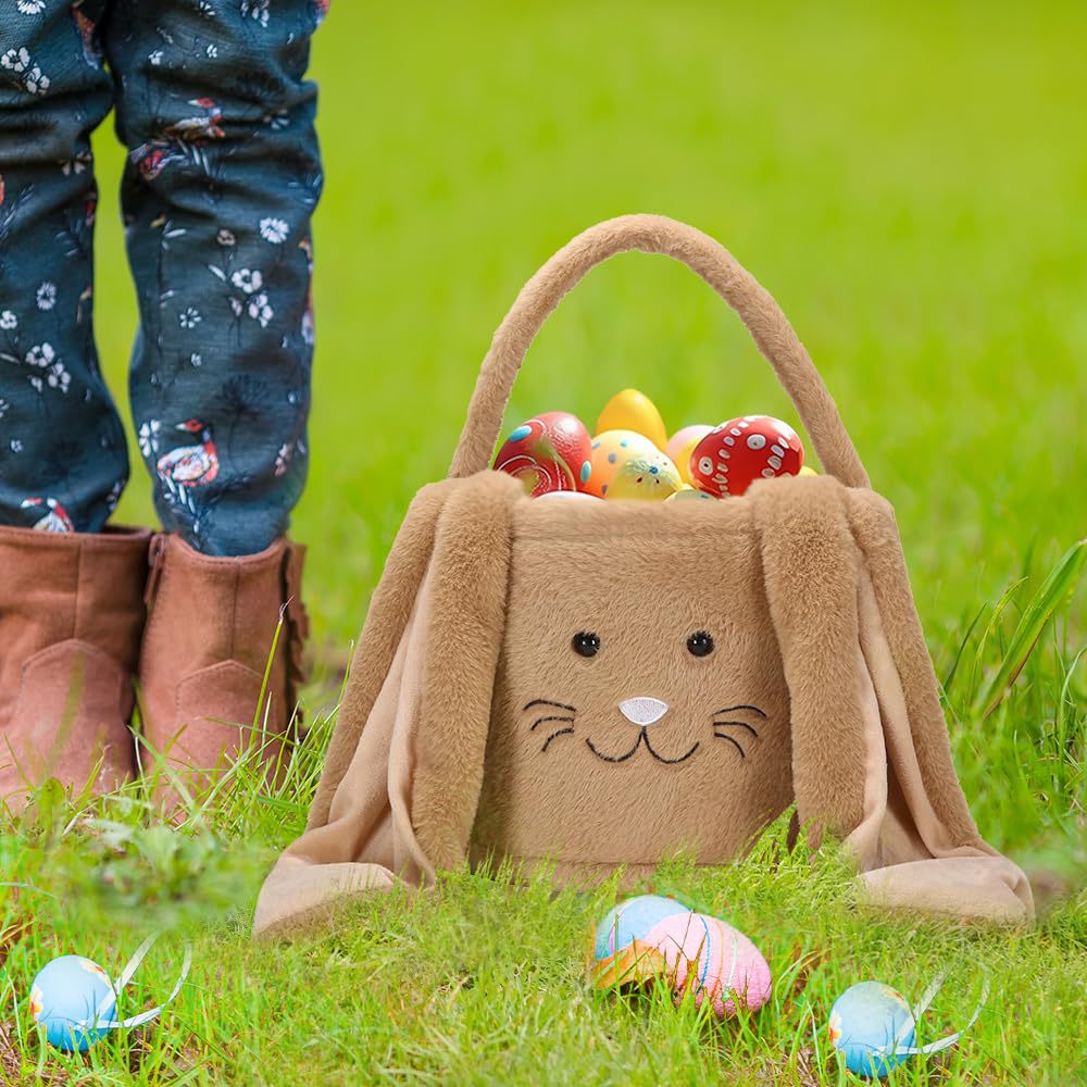 Pink Cute Plush Bunny Easter Basket with Long Ears and Personalization Option for Kids Egg Hunt and Spring Celebration