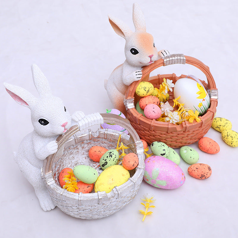 White Easter Rabbit Resin Decor with Basket – Festive Home Ornament for Spring and Holiday Display
