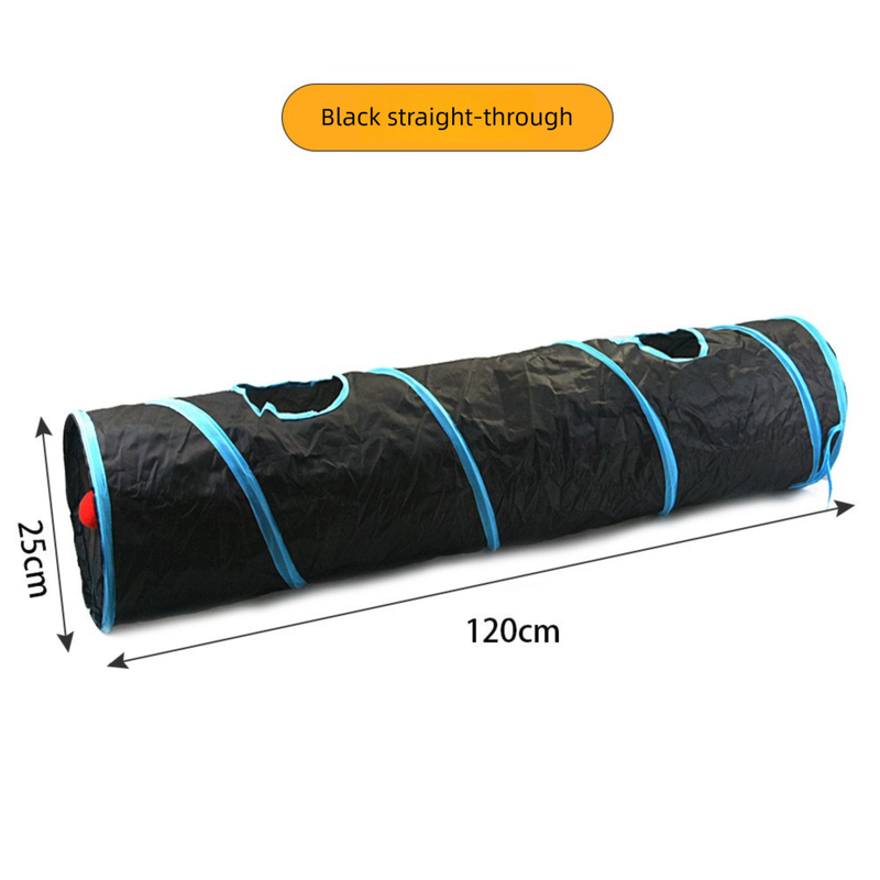 Black Straight-Through Cat Tunnel Play Set with Collapsible Design, Interactive Ball & Durable Fabric – Ideal for Indoor Cats to Exercise and Explore