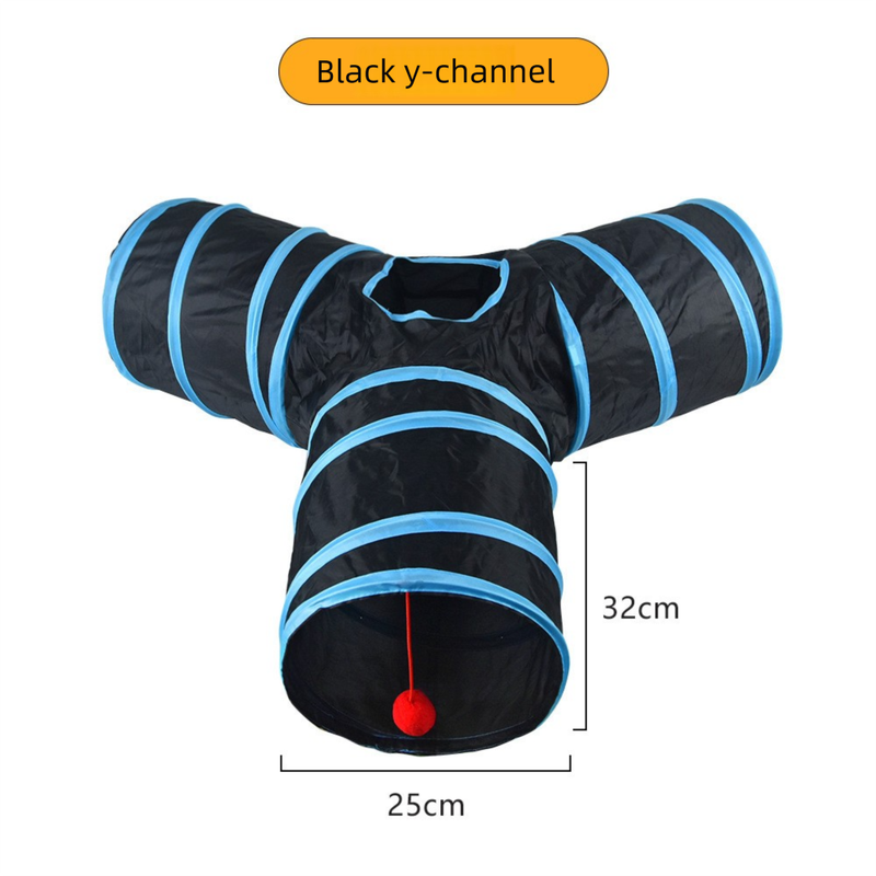 Black Y-shaped connector Cat Tunnel Play Set with Collapsible Design, Interactive Ball & Durable Fabric – Ideal for Indoor Cats to Exercise and Explore