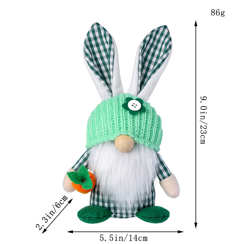 Green Easter Plush Bunny Gnome Figurine – Decorative Doll with Long Hair and Checkered Ears for Home Display