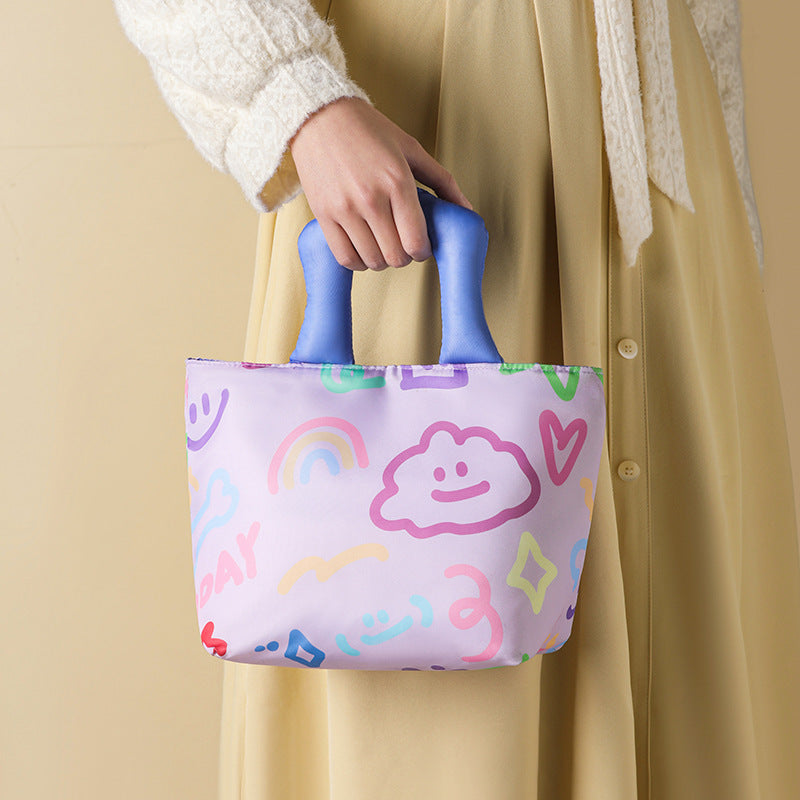 Pink Insulated Lunch Bag – Multi-Color Printed Tote with Padded Handle for Students & Office Workers
