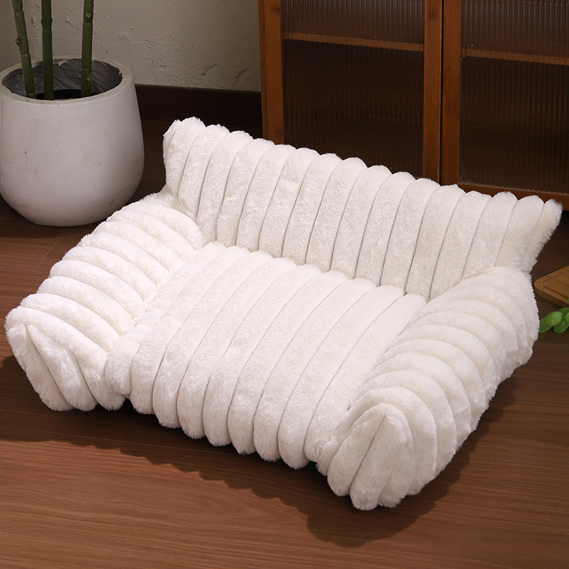 White Plush Ribbed Pet Sofa Bed for Dogs and Cats - Thickened Milk Velvet Cushion, Large Comfy Dog Sofa(50*40*20cm)
