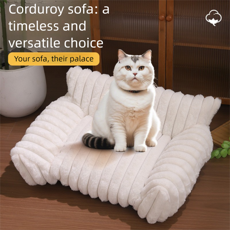 White Plush Ribbed Pet Sofa Bed for Dogs and Cats - Thickened Milk Velvet Cushion, Large Comfy Dog Sofa(50*40*20cm)