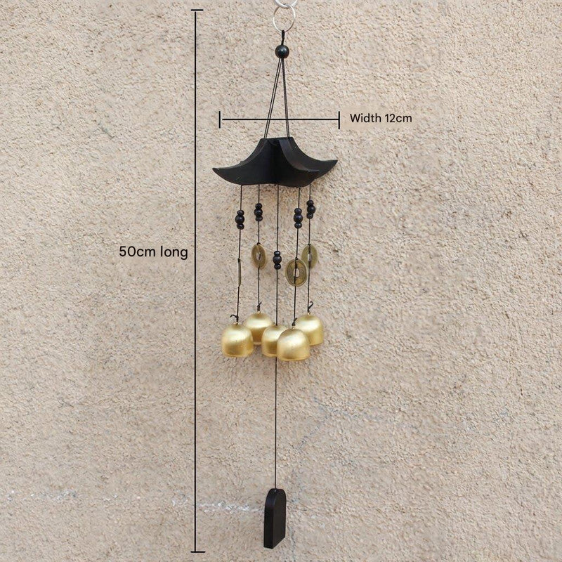 Brass Wind Chime with Wooden Pagoda Top – Elegant Metal Door & Home Decor Ornament