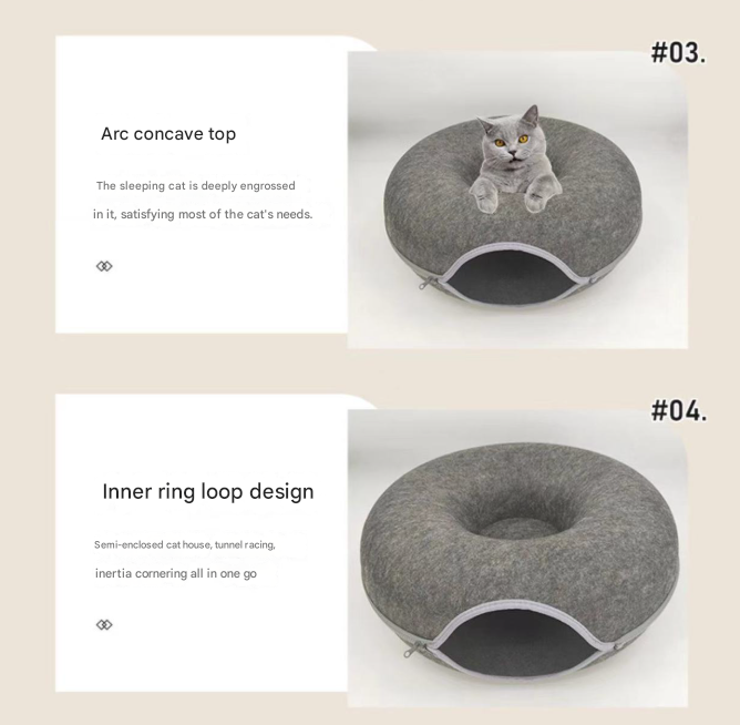 Beige Felt Donut Cat Bed with Zipper Tunnel Toy, Double-Layer Pet Cave for Cats, M Size (50x20cm), Cozy Hideaway for Indoor Cats