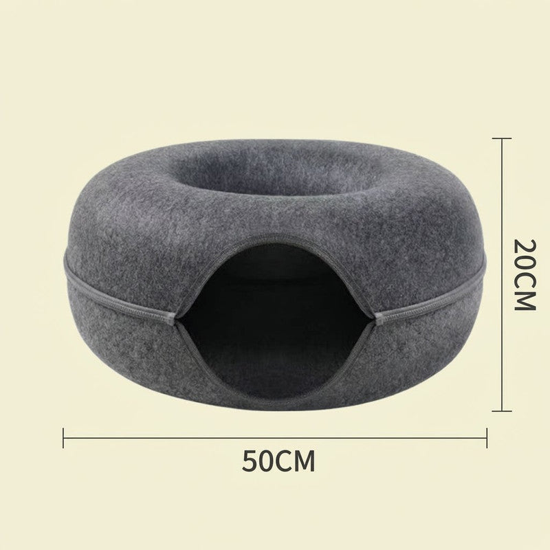 Light grey Felt Donut Cat Bed with Zipper Tunnel Toy, Double-Layer Pet Cave for Cats, M Size (50x20cm), Cozy Hideaway for Indoor Cats