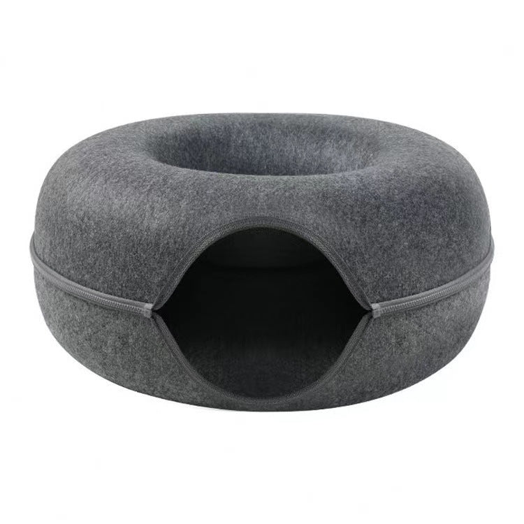 Dark grey Felt Donut Cat Bed with Zipper Tunnel Toy, Double-Layer Pet Cave for Cats, M Size (50x20cm), Cozy Hideaway for Indoor Cats