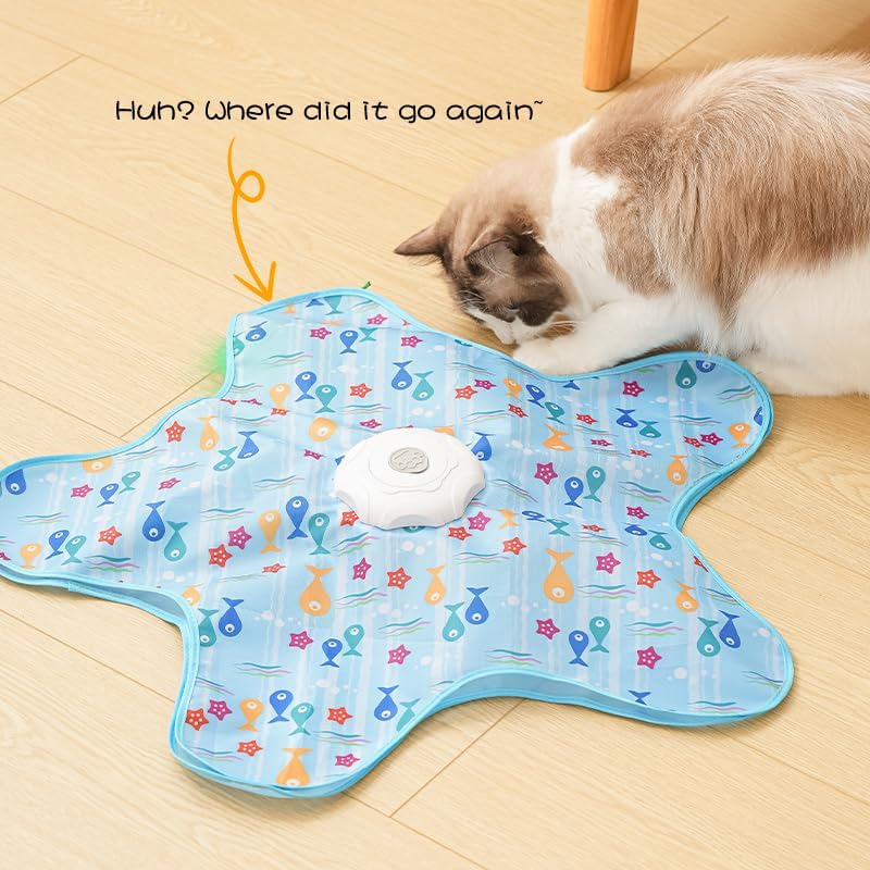 Automatic Cat Hunting Game Mat with 360° Teaser Wand, USB-C Rechargeable Interactive Pet Toy for Indoor Cats, Self-Entertainment Hide-and-Seek Play Mat, Durable Fabric & ABS Construction(Triangular fish design)