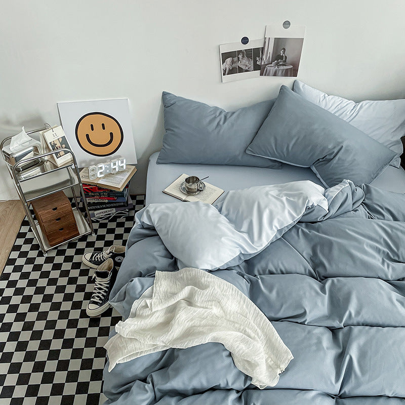 Hazy Blue Washed Cotton Bedding Set - Solid Color Fitted Sheet Style, 4-Piece Set for 1.8m Bed, Includes 10 Random Color Quilt Fasteners