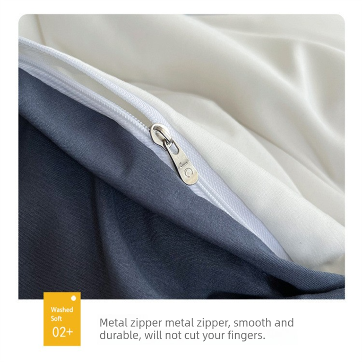 Light blue cheese Washed Cotton Bedding Set - Solid Color Fitted Sheet Style, 4-Piece Set for 1.8m Bed, Includes 10 Random Color Quilt Fasteners