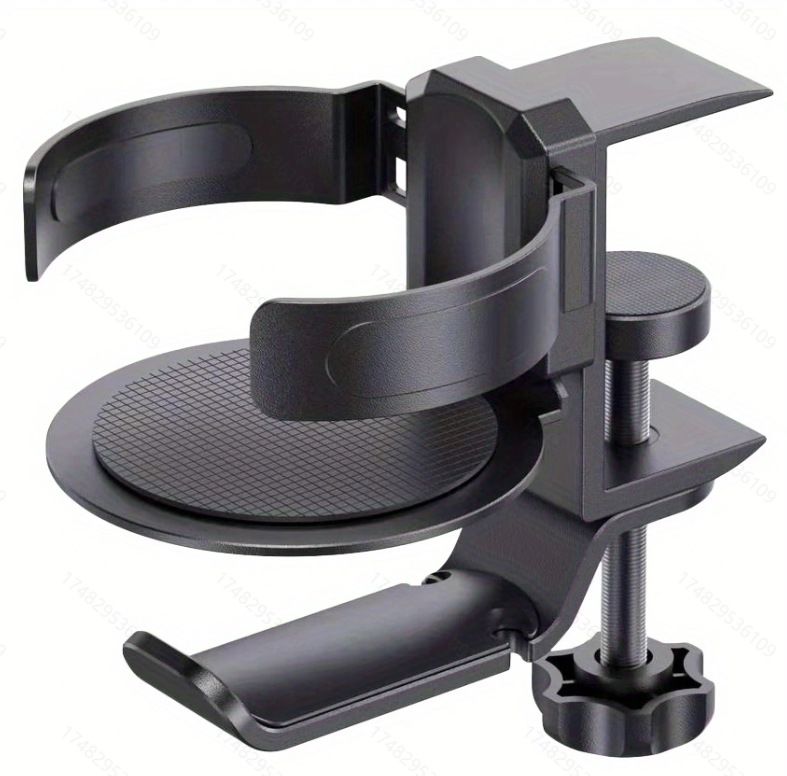 Black 2-in-1 Rotating Headphone and Cup Holder - No-Drill Aluminum Alloy Desk Clamp Mount for Over-Ear Headsets and Beverages - Space-Saving Organizer for Home Office and Gaming Setup