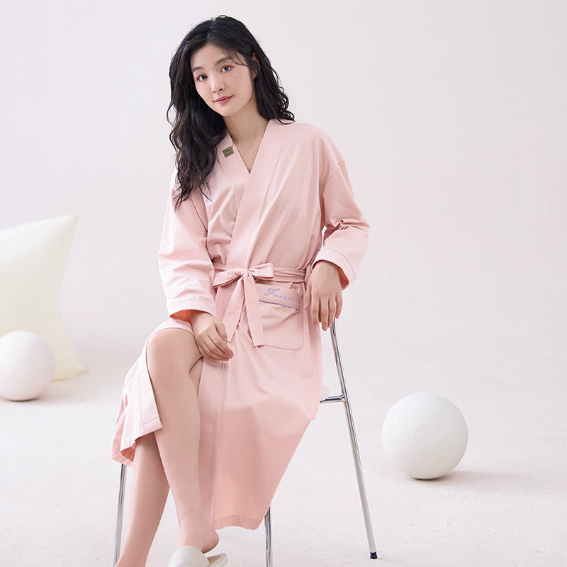 Pink M size Women's Cotton Robe — Autumn/Winter Bathrobe & Morning Gown | Long Sleeve, Mid-Length, Plus Size | Loose, Comfortable, and Machine Washable | Suitable for All Seasons