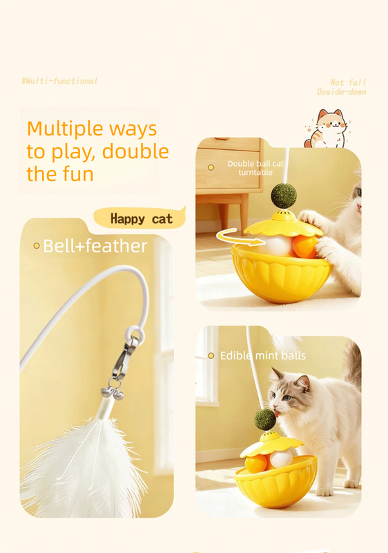 Pink 2Pcs Interactive Cat Wobble Toy Set - Dual Ball Turntable & Feeder with Feather Teaser and Catnip Ball - PP Plastic for Kitten Self-Entertainment