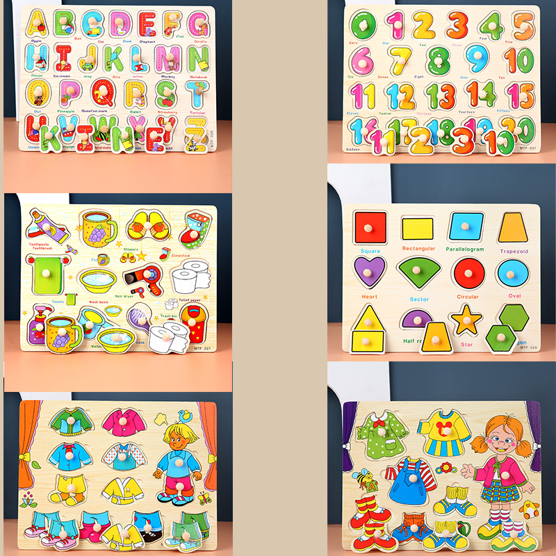 6 pce Toddler Peg Puzzle — An educational and entertaining matching toy featuring letters, numbers, shapes, and everyday objects; an early learning and developmental toy suitable for children aged 3 and up【letters Style+number Style+articles for da