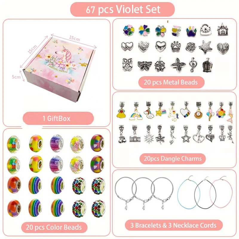 67-Piece Pink unicorn Craft Set (Includes Beads, Charms, and Storage Case) -Kids' Unicorn DIY Bracelet Kit – Creative Jewelry Making Gift for Girls Ages 3+