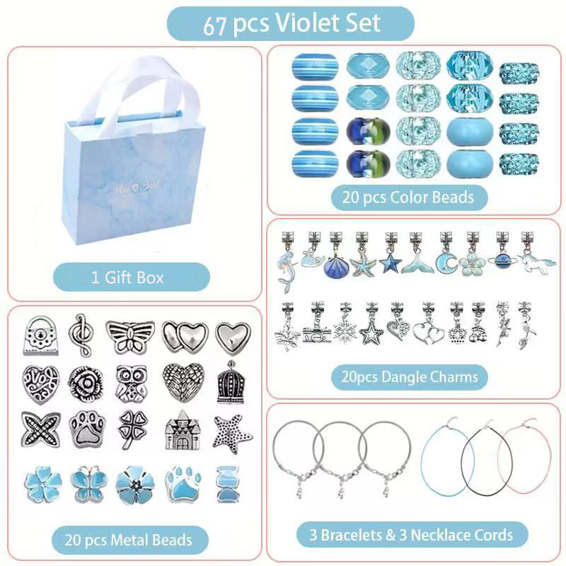67-Piece Blue Craft Set (Includes Beads, Charms, and Storage Case) -Kids' Unicorn DIY Bracelet Kit – Creative Jewelry Making Gift for Girls Ages 3+