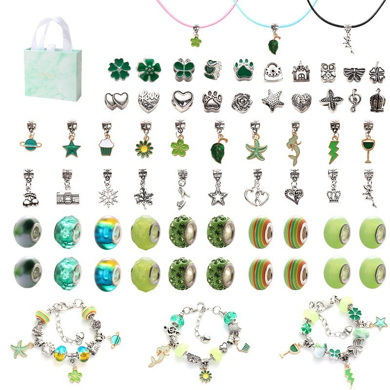 67-Piece Green Craft Set (Includes Beads, Charms, and Storage Case) -Kids' Unicorn DIY Bracelet Kit – Creative Jewelry Making Gift for Girls Ages 3+