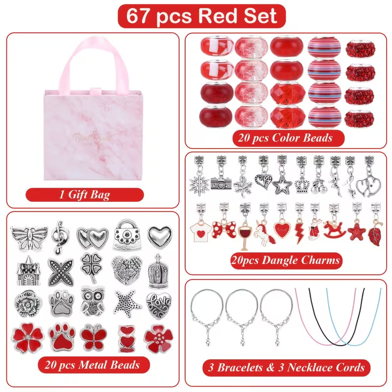67-Piece Red Craft Set (Includes Beads, Charms, and Storage Case) -Kids' Unicorn DIY Bracelet Kit – Creative Jewelry Making Gift for Girls Ages 3+