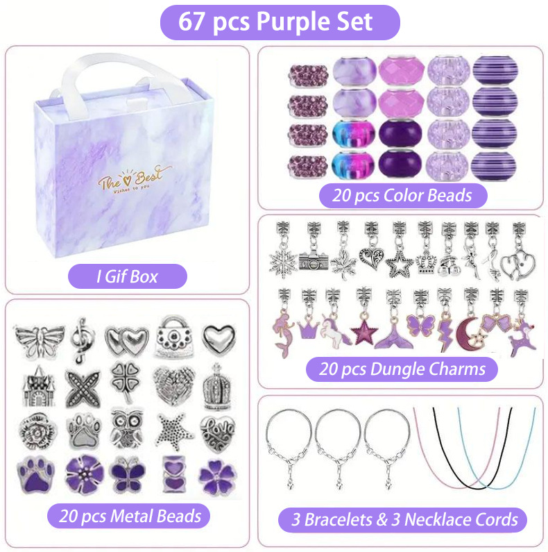 67-Piece Purple Craft Set (Includes Beads, Charms, and Storage Case) -Kids' Unicorn DIY Bracelet Kit – Creative Jewelry Making Gift for Girls Ages 3+