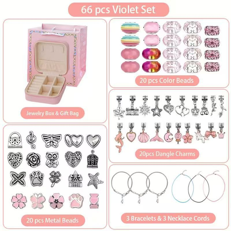 66-Piece Pink Gift Bag Craft Set (Includes Beads, Charms, and Storage Case) -Kids' Unicorn DIY Bracelet Kit – Creative Jewelry Making Gift for Girls Ages 3+