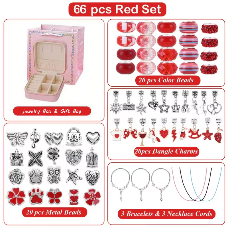66-Piece Red Gift Bag Craft Set (Includes Beads, Charms, and Storage Case) -Kids' Unicorn DIY Bracelet Kit – Creative Jewelry Making Gift for Girls Ages 3+