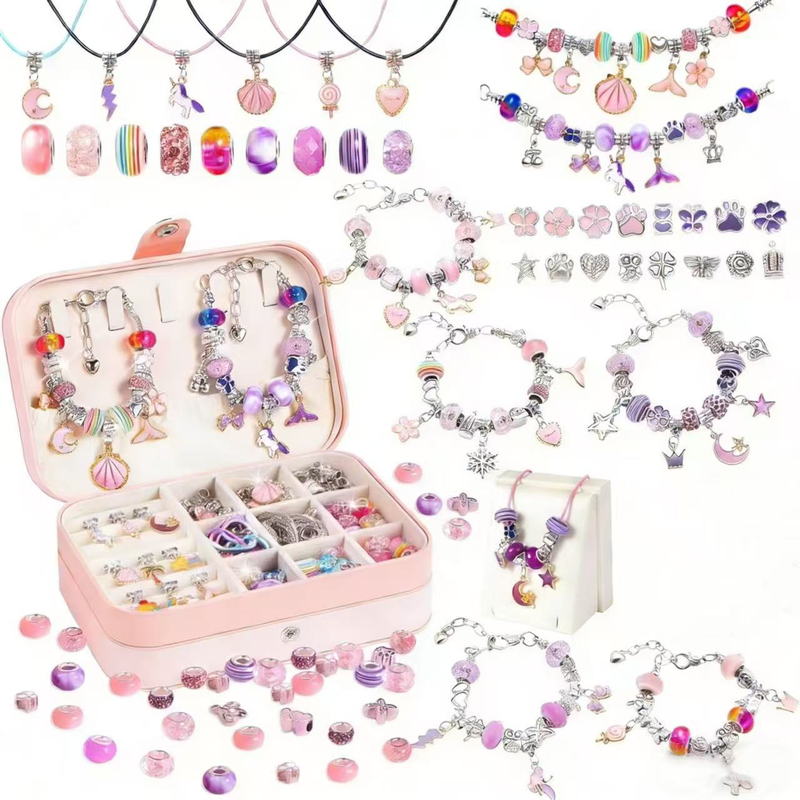 134-Piece Purple pink Craft Set (Includes Beads, Charms, and Storage Case) -Kids' Unicorn DIY Bracelet Kit – Creative Jewelry Making Gift for Girls Ages 3+