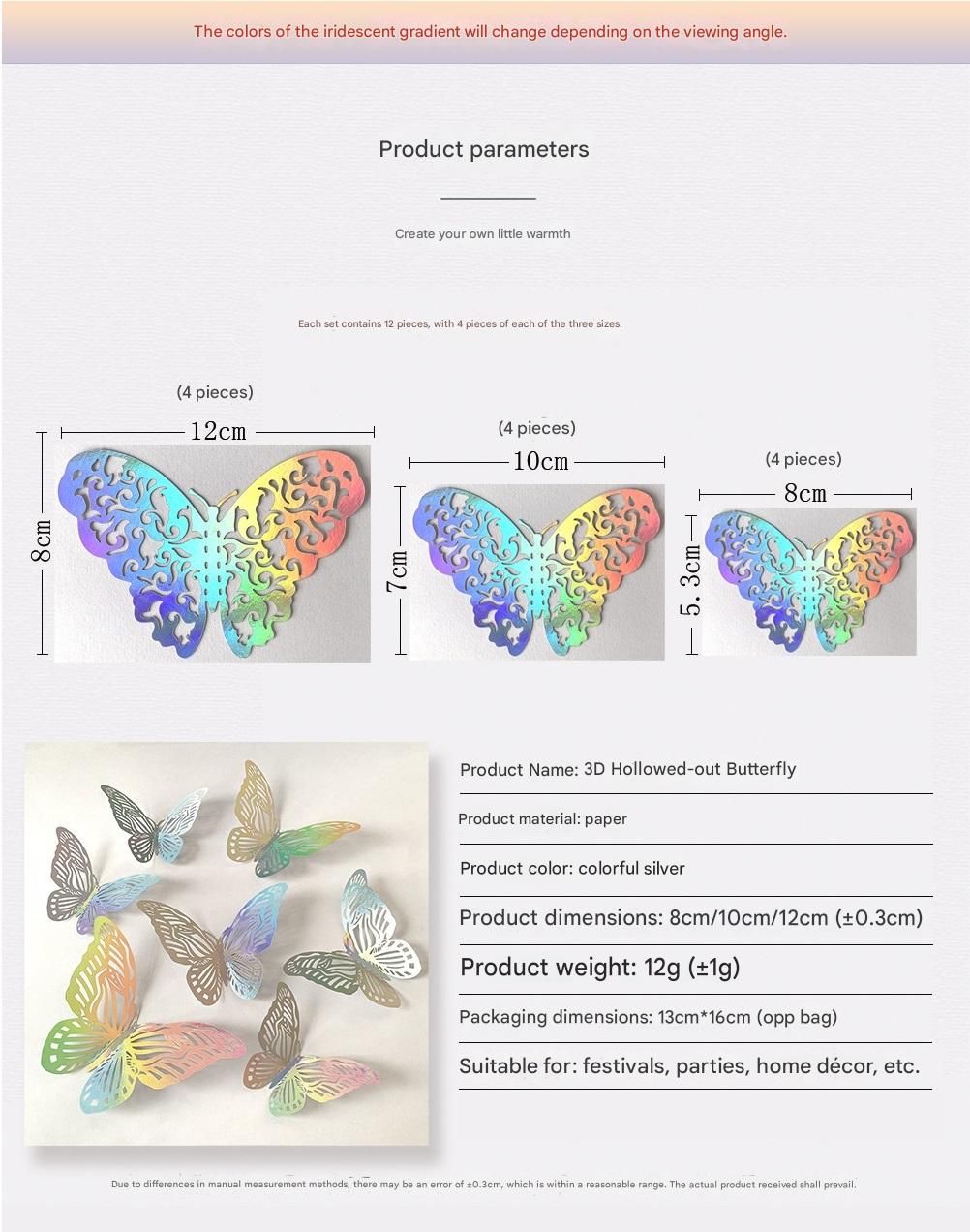3D Butterfly Wall Stickers - Iridescent Silver Paper - 72pcs Set, Hollow Cut Design, Removable Decor for Home, Party, Wedding, Easy Peel and Stick-Style E