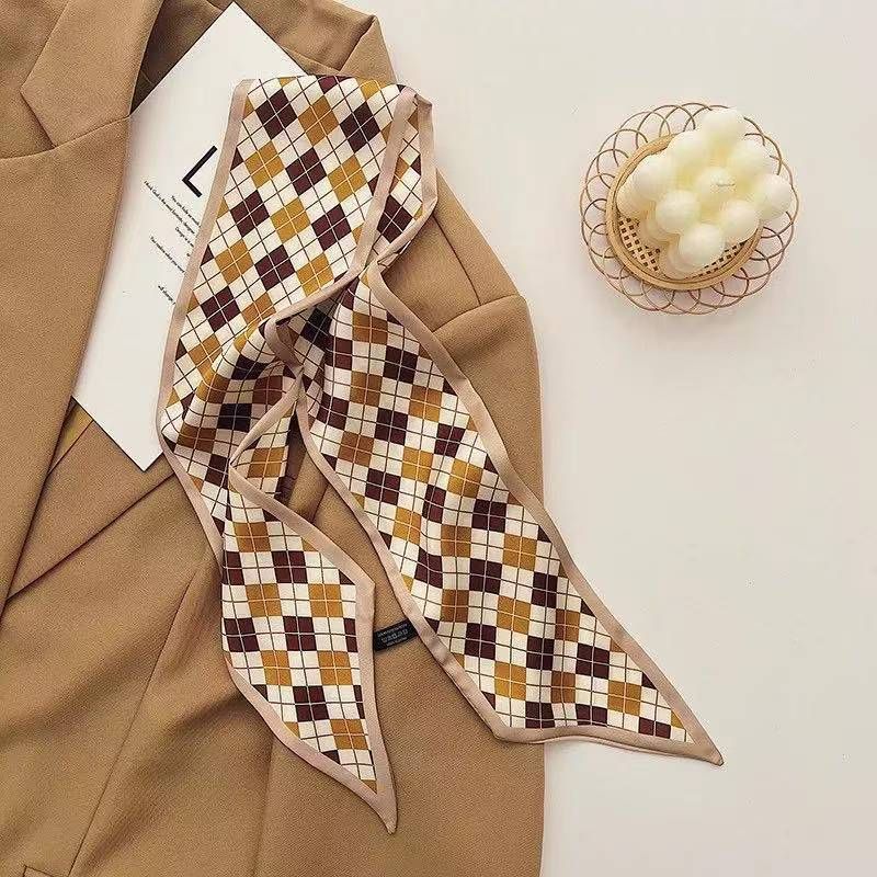 2-piece Coffee Geometric and Diamond Grid French Style Long Silk Scarf - Coffee Print - Versatile Skinny Neck Ribbon, Hair Tie, Bag Handle Accessory, Elegant Office Wear, Lightweight Polyester
