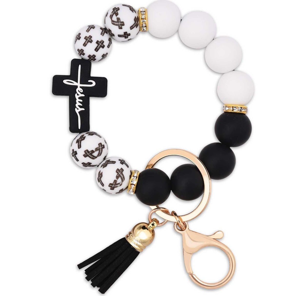 Black and White Silicone Bead Keychain with Cross Charm, Rhinestone Ring &short Tassel - Religious Silicone Beaded Key Ring, Lightweight & Durable