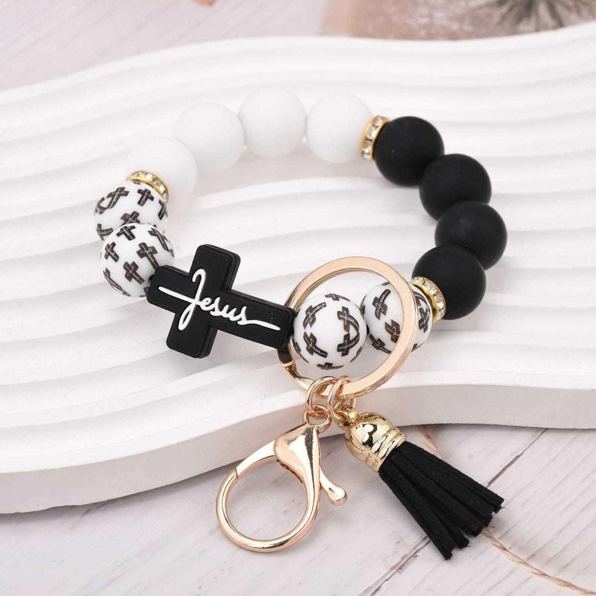 Black and White Silicone Bead Keychain with Cross Charm, Rhinestone Ring &short Tassel - Religious Silicone Beaded Key Ring, Lightweight & Durable