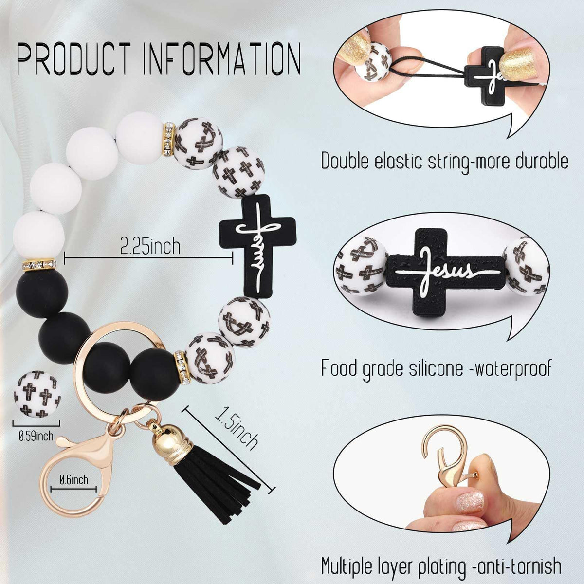 Black and White Silicone Bead Keychain with Cross Charm, Rhinestone Ring &short Tassel - Religious Silicone Beaded Key Ring, Lightweight & Durable