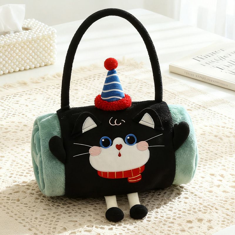 Black Cat 100*170cm Cartoon Hand-Carry Roll-Up Blanket - Plush Flannel Nap Blanket with Pillow Function, Portable Office & Travel Throw for Home, Car, and Sofa Use - Soft, Machine Washable, Multi-Scene Use