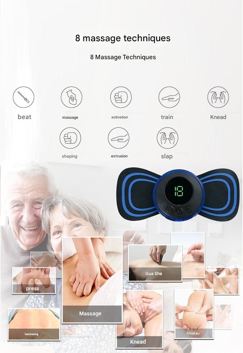 7-pack Black and Blue Mini Massage Patch - Portable Smart Neck & Shoulder Massager with 8 Modes, 19 Intensity Levels, USB Rechargeable, PU & PET Material for Muscle Relief