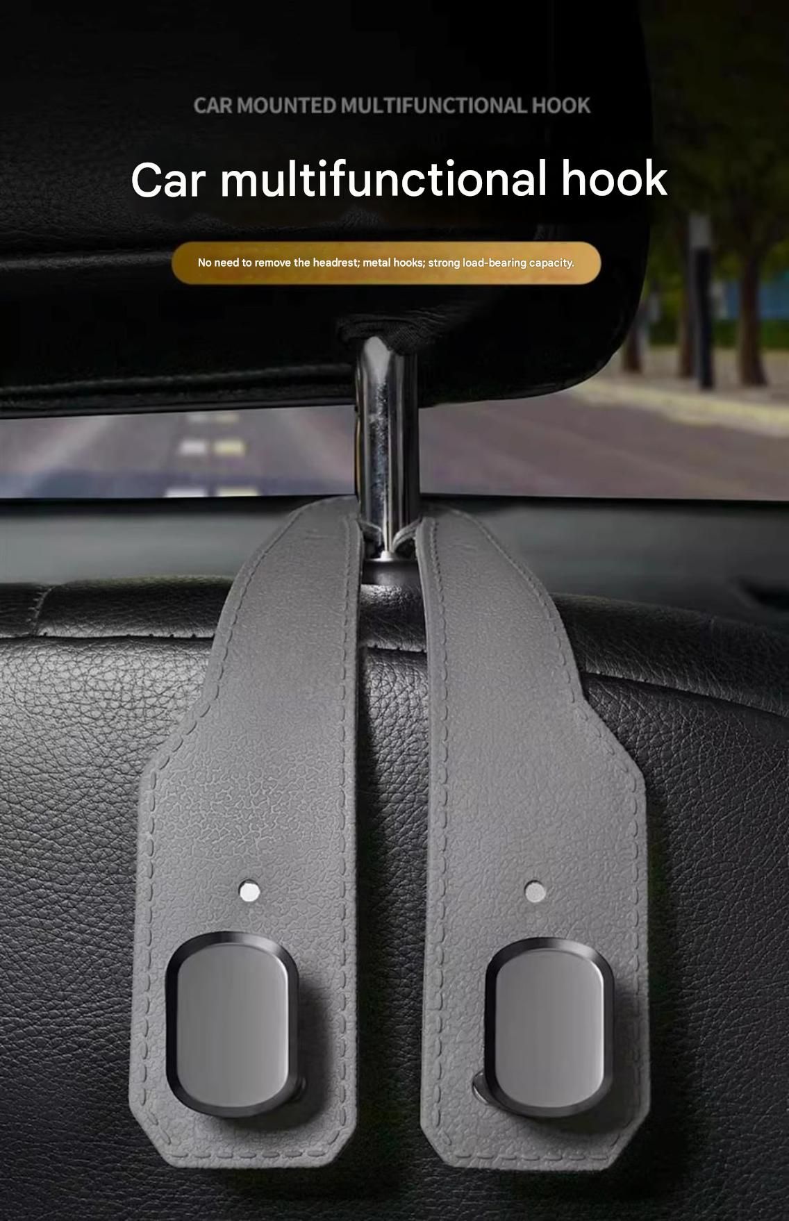 2-piece Brown and Grey ABS Dual-Hook Car Seat Back Hanger — Foldable, Faux-Suede Headrest Hook; The ideal companion for hanging handbags and shopping bags, also doubles as a mobile phone holder