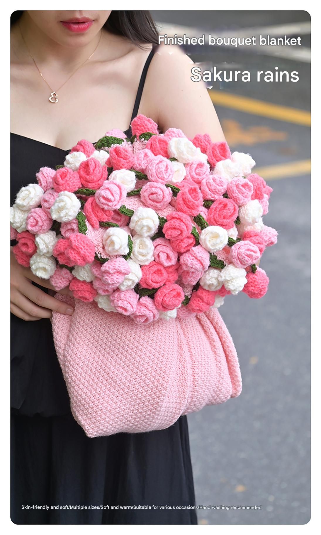 Pink and White Diameter: 80 cm -33 Woven Flowers Handmade Rose Bouquet Knit Blanket - Soft Pink Acrylic Throw with 3D Crochet Flowers - Perfect Gift for Her, Birthday, Valentine's Day, Home Decor