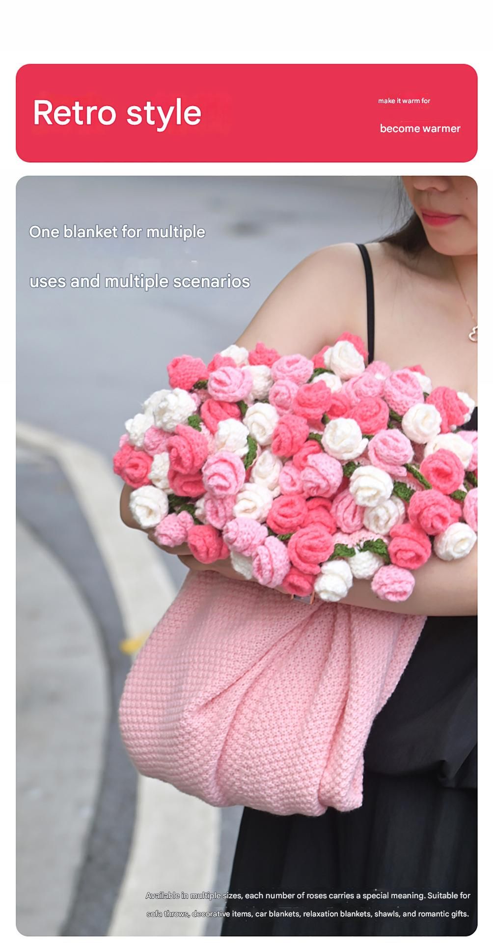 Pink and White Diameter: 80 cm -33 Woven Flowers Handmade Rose Bouquet Knit Blanket - Soft Pink Acrylic Throw with 3D Crochet Flowers - Perfect Gift for Her, Birthday, Valentine's Day, Home Decor