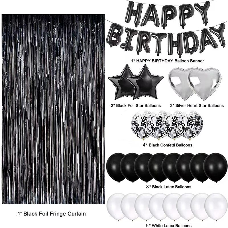 Black and White Premium Foil Balloon Party Kit – Happy Birthday Banner, 2 Star & 2 Heart Foil Balloons, 10 Confetti + 10 Pearl Latex Balloons, 2m Fringe Curtain & 10m Ribbon – Elegant, Easy Setup for Birthdays & Celebrations