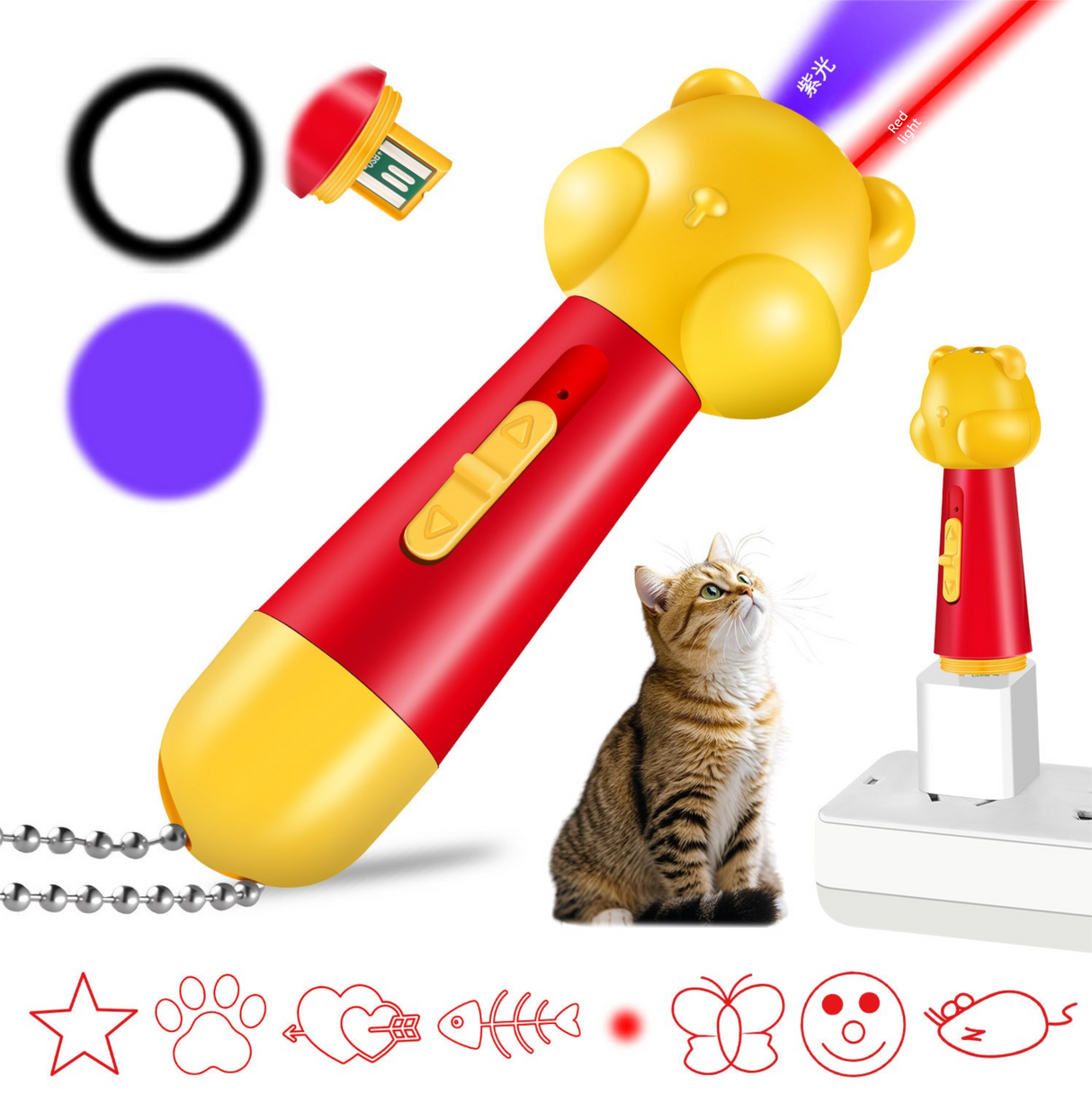 Blue Bear Laser Cat Toy Set - 2 Piece USB Rechargeable Multi Pattern Laser Pointer with UV and White Light for Cats