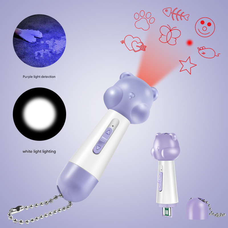 Purple Bear Laser Cat Toy Set - 2 Piece USB Rechargeable Multi Pattern Laser Pointer with UV and White Light for Cats