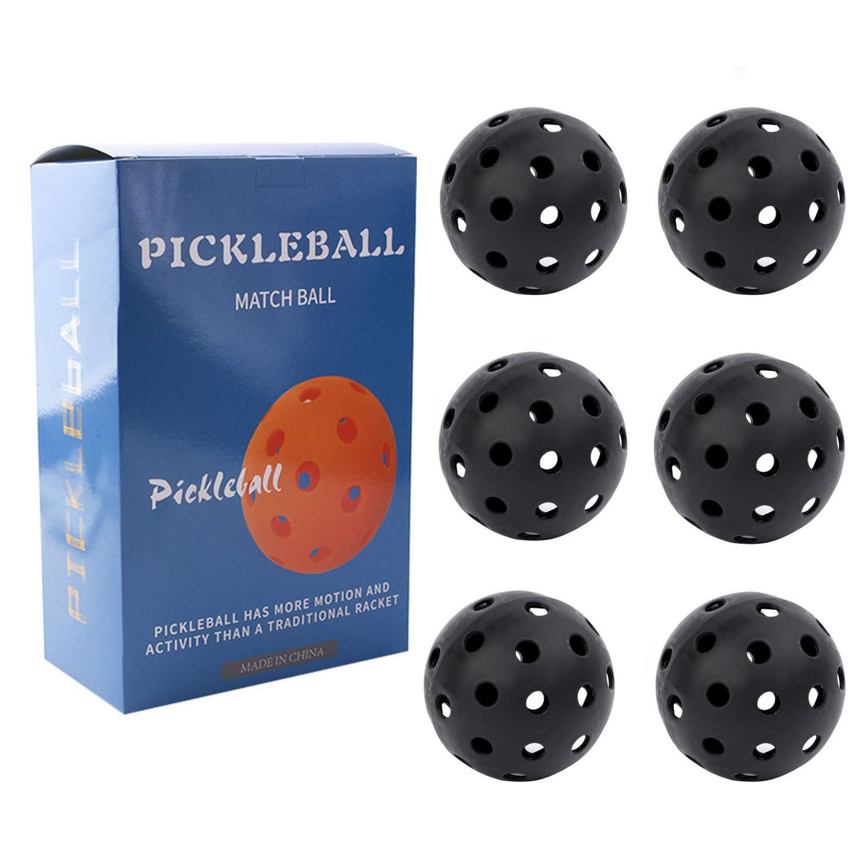 Black Pickleball Balls Set - 6 Piece 40 Hole Outdoor Indoor Pickleball Match Balls