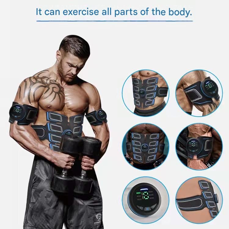 Blue EMS Muscle Stimulator Belt Set - Rechargeable Abdominal Toning Trainer with Multiple Pads and Modes