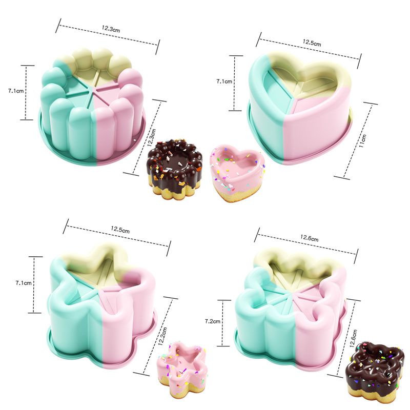 4 Piece Colorful Silicone Baking Mould Set - Heart Star Square Round Shapes Food Grade Cake Mousse Pudding Dessert Molds