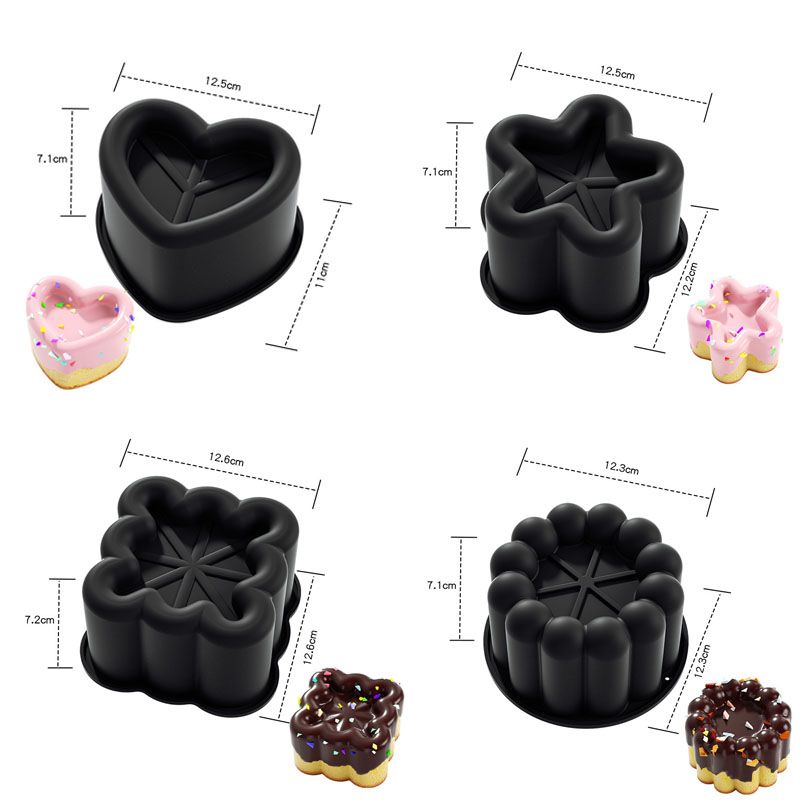 4 Piece Black Silicone Baking Mould Set - Heart Star Square Round Shapes Food Grade Cake Mousse Pudding Dessert Molds