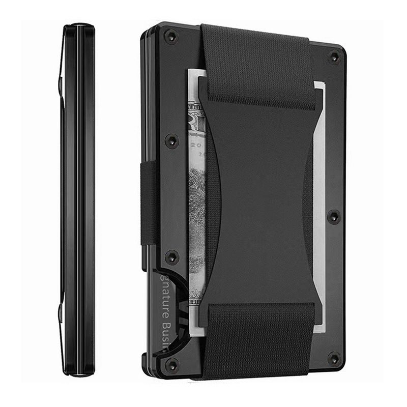 Black Slim RFID Blocking Aluminum Card Holder - Metal Wallet with Cash Strap Minimalist Card Case