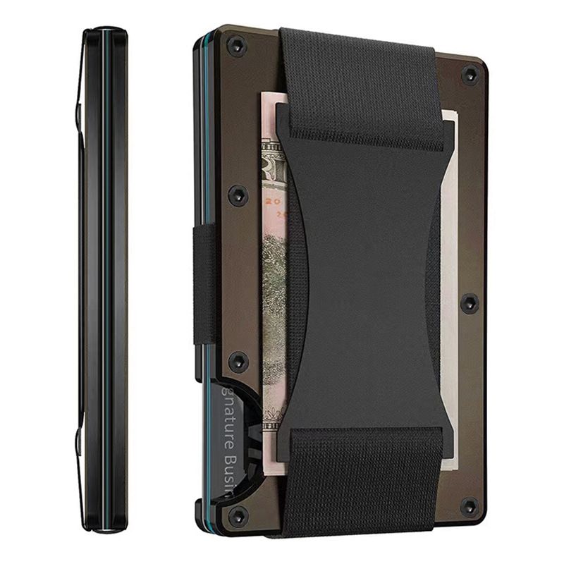 Coffee color Slim RFID Blocking Aluminum Card Holder - Metal Wallet with Cash Strap Minimalist Card Case