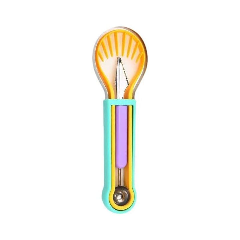 2-Piece Fruit Carving Tool Set Melon Baller Scoop Knife Stainless Steel(Blue, yellow and purple)